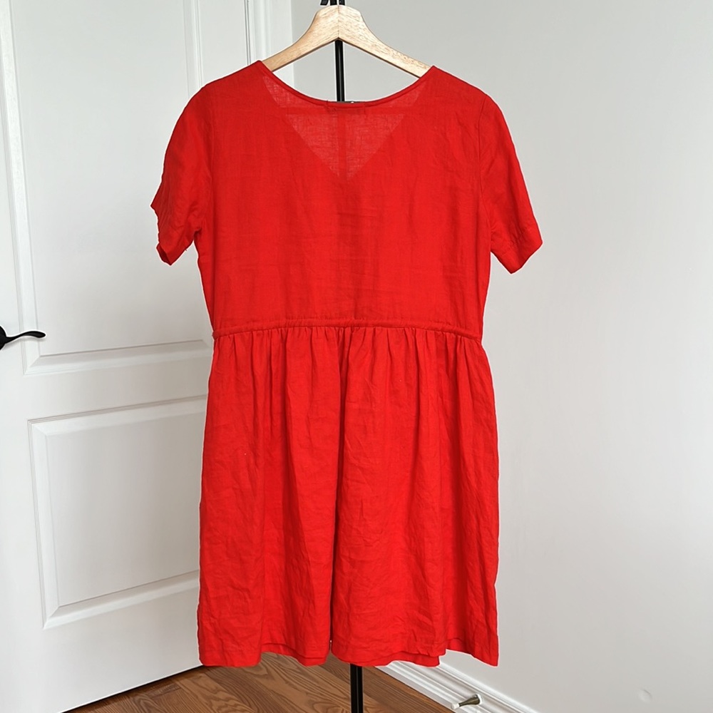 100% linen handmade red button front short sleeve cinch waist mini dress XS - Picture 2 of 9